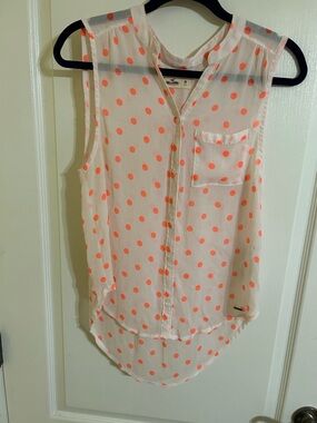 Hollister White Sheer Sleeveless Blouse with Coral Polka Dots